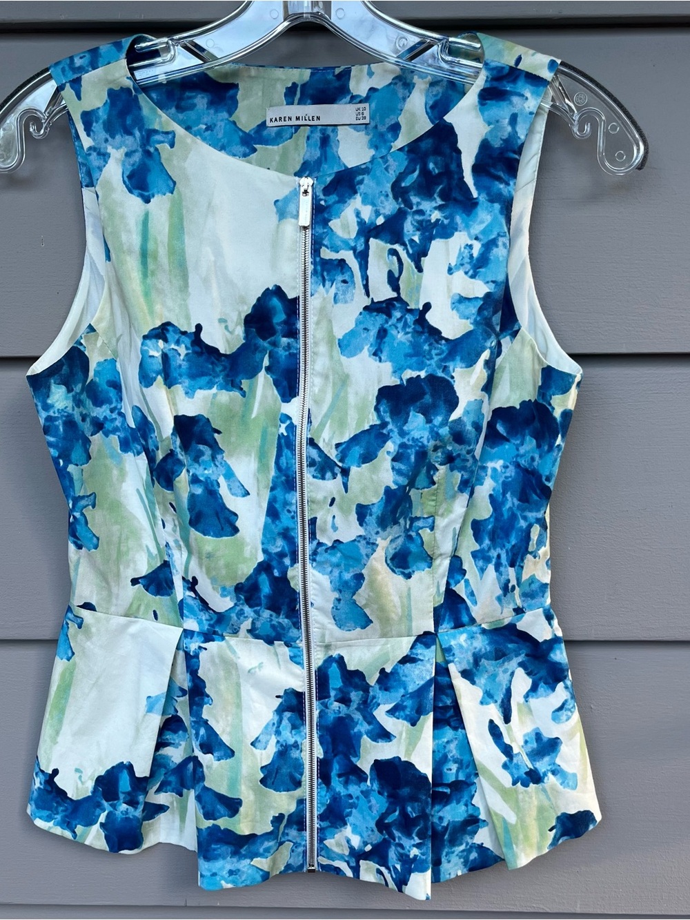 Karen Millen Blue Iris Floral Print Structured Peplum Top Zip Cottagecore US 10